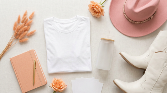 Editorial flat lay of a blank white t-shirt and frosted glass tumbler styled with white cowgirl boots and a pink hat.
