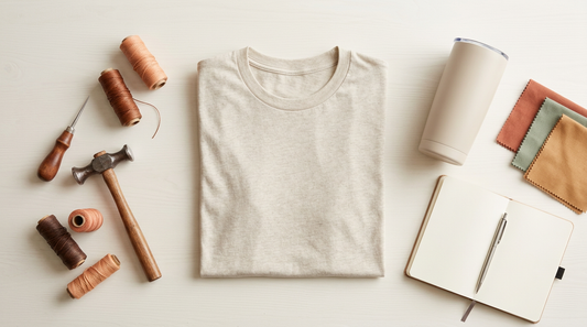 A flat lay of Western boutique apparel mockups and crafting tools on a rustic wooden table.