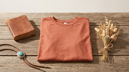 A flat lay of a blank terracotta t-shirt on a rustic wooden table with a leather Bible and dried desert florals.