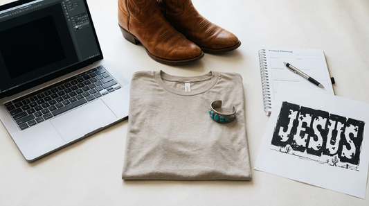 Flat lay of a heather dust t-shirt with western Christian PNG designs, surrounded by cowboy boots and crafting tools.