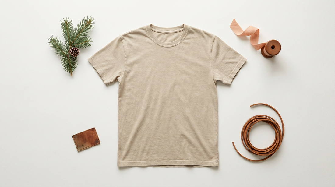 Flat lay of a blank vintage wash t-shirt with rustic holiday props and western accessories