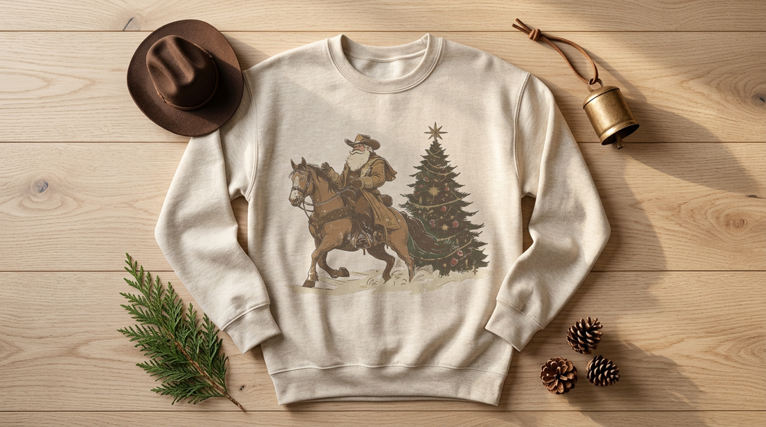 Flat lay of a blank rustic sweatshirt surrounded by western Christmas props like a cowboy hat and pinecones.