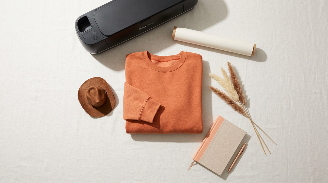 Flat lay of a blank fall sweatshirt with western Halloween crafting supplies and autumn decor