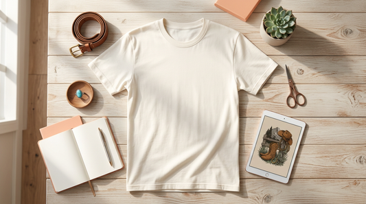 Flat lay of a blank western style t-shirt with cowboy boots and crafting supplies on a rustic wooden table.