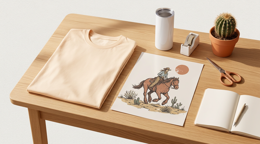 A workspace showing a printed western desert scene graphic next to a blank t-shirt and crafting tools.