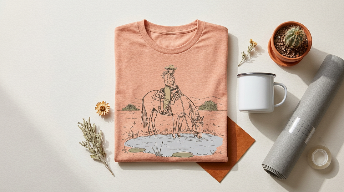 Editorial flat lay of western sublimation designs featuring a blank t-shirt, craft tools, and warm desert color accents.