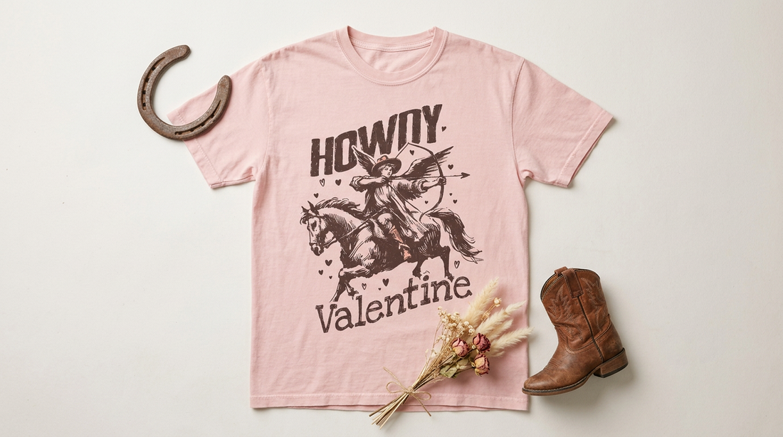 Flat lay of a pink vintage t-shirt with a western valentine design, surrounded by rustic cowboy boots and craft supplies.