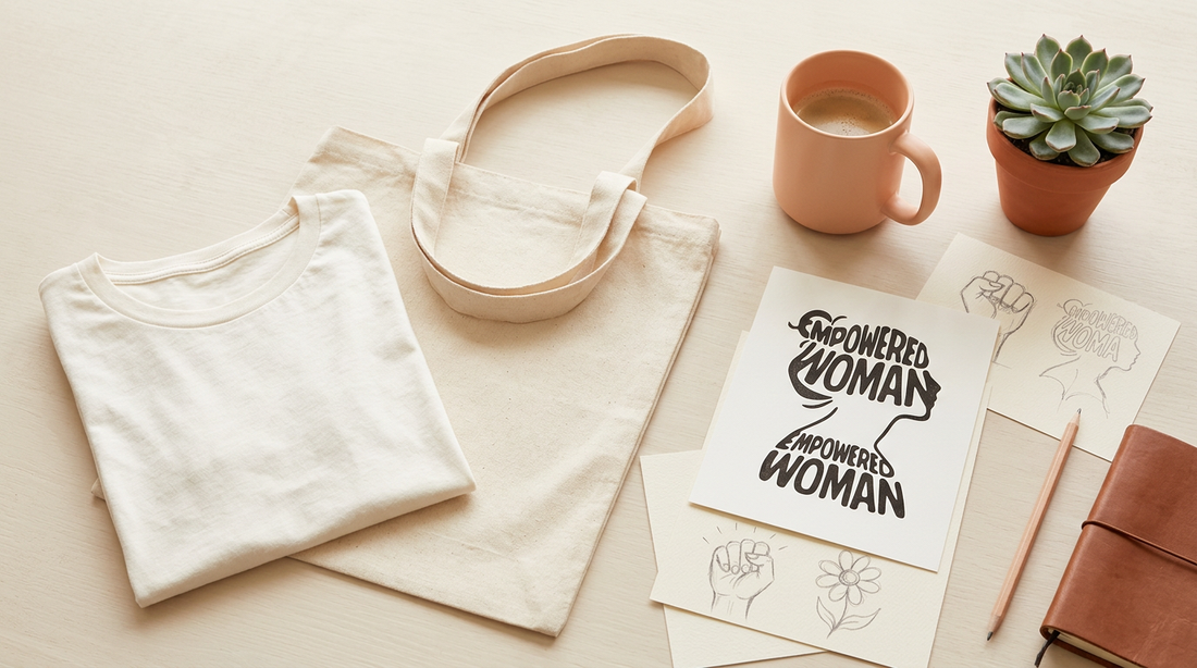 A flat lay of a blank canvas tote bag and a folded neutral t-shirt surrounded by creative workspace elements.