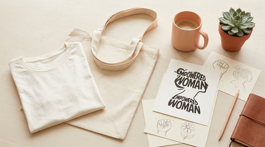 A flat lay of a blank canvas tote bag and a folded neutral t-shirt surrounded by creative workspace elements.