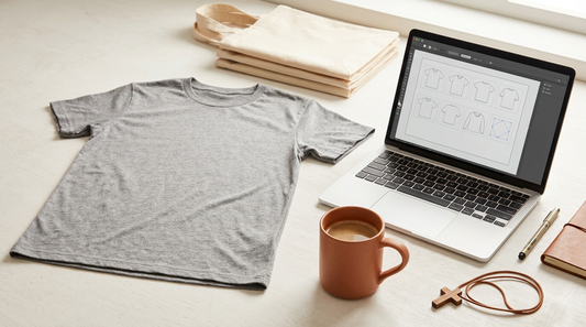 A clean print-on-demand workspace featuring a blank neutral t-shirt, a modern laptop, and a cup of coffee, ready for worship