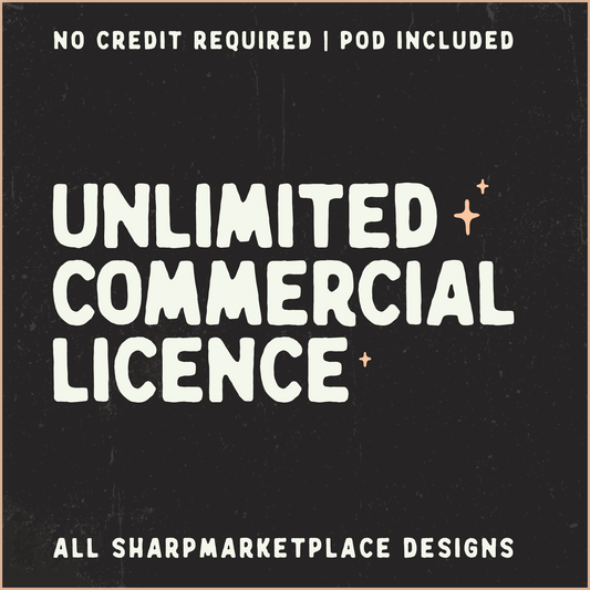 Cream colored text on a dark charcoal background reading Unlimited Commercial Licence with star accents for digital design usage rights.