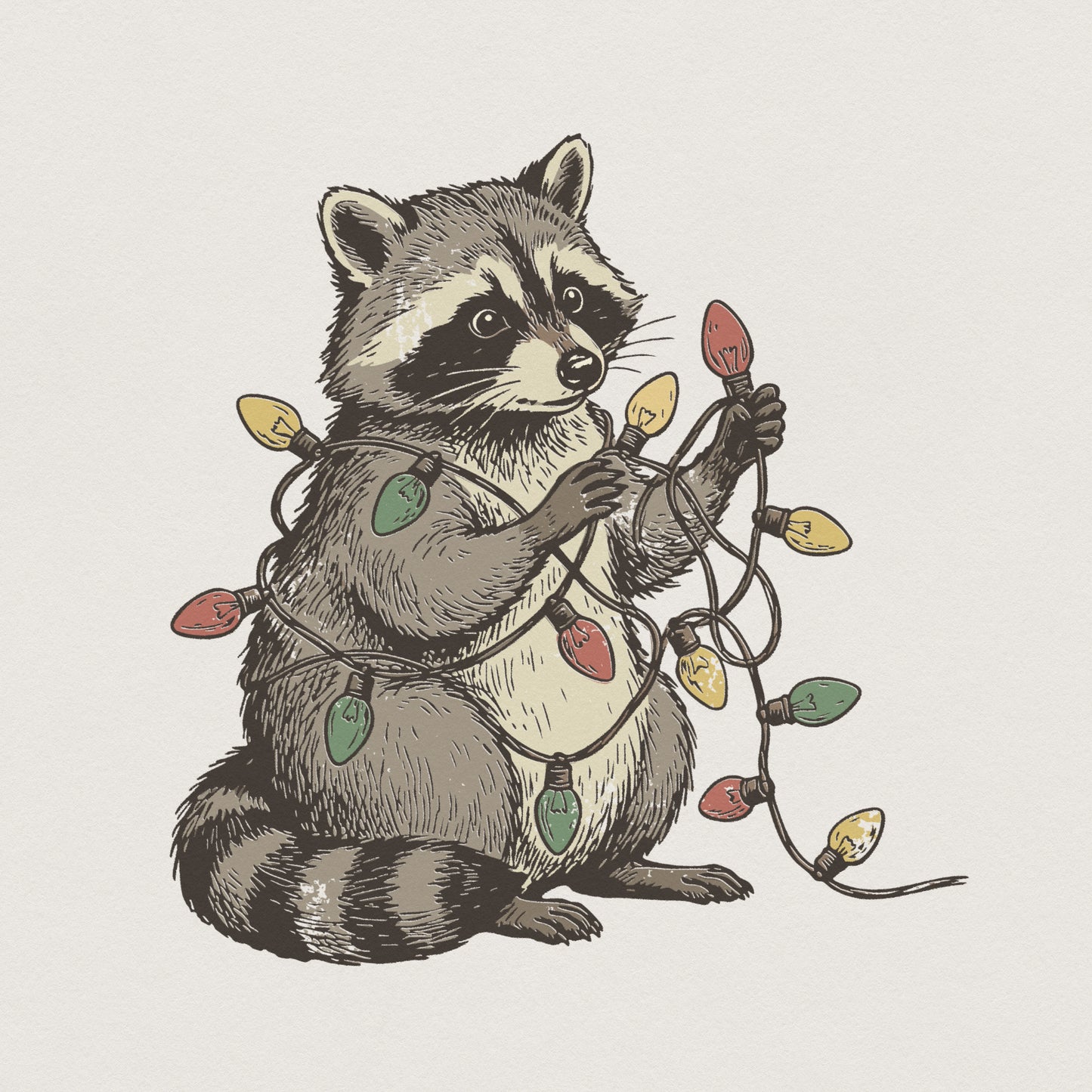 Raccoon With Christmas Lights PNG, Holiday Animal Art - 300 DPI Design