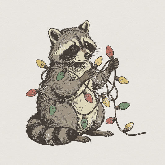 Raccoon With Christmas Lights PNG, Holiday Animal Art - 300 DPI Design