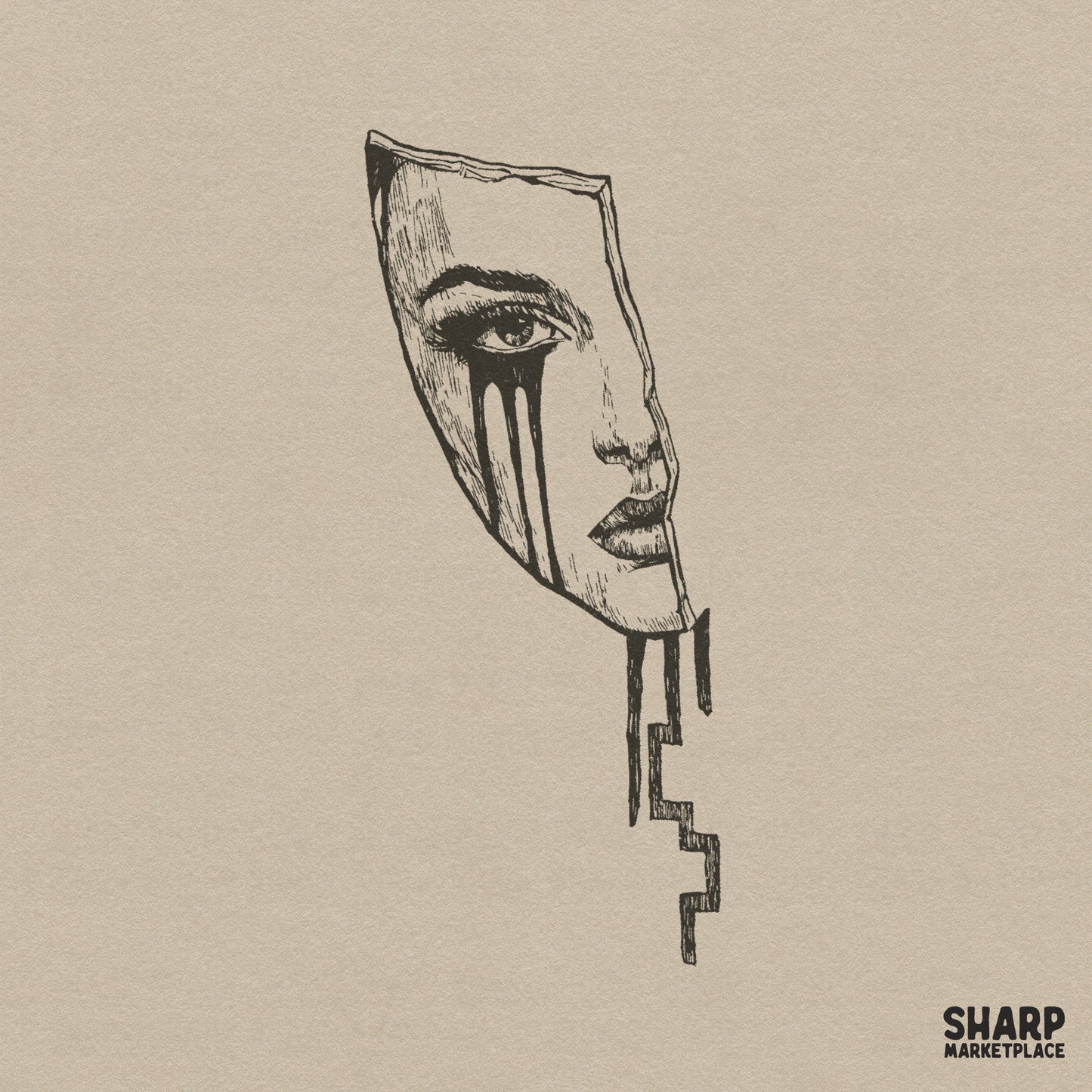 Hand-drawn broken mask illustration with a crying face and black ink drips, perfect for edgy streetwear shirts and horror-themed apparel.