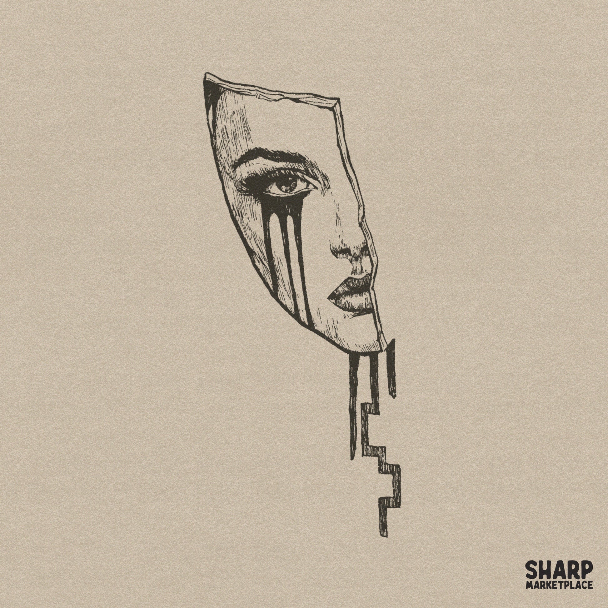 Hand-drawn broken mask illustration with a crying face and black ink drips, perfect for edgy streetwear shirts and horror-themed apparel.