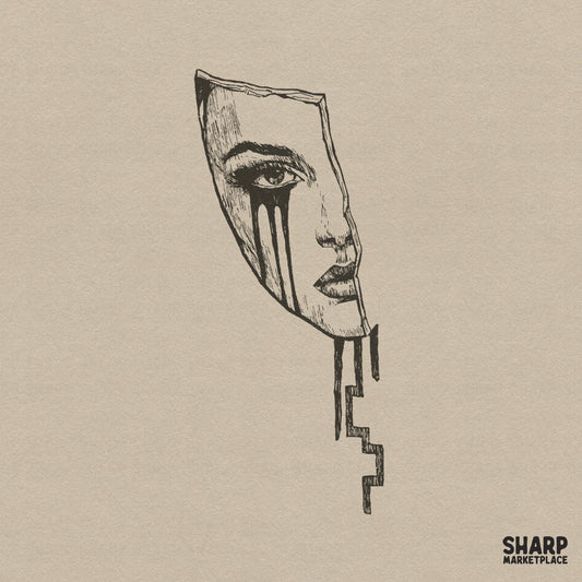 Hand-drawn broken mask illustration with a crying face and black ink drips, perfect for edgy streetwear shirts and horror-themed apparel.