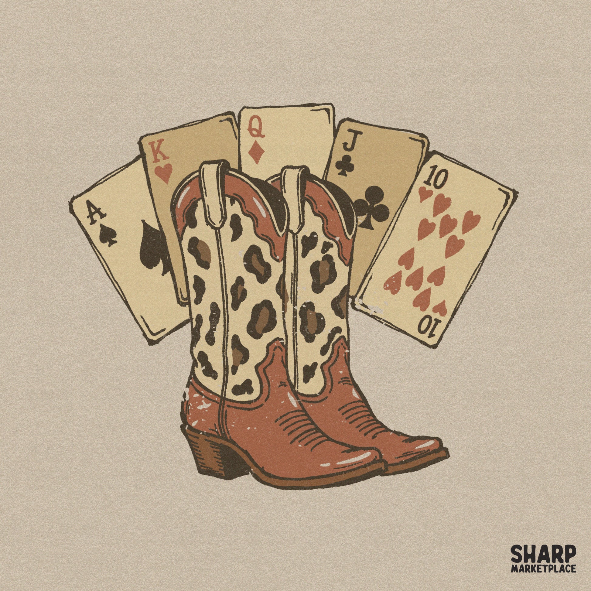 Retro western digital design featuring leopard print cowgirl boots in front of a winning fan of playing cards, perfect for rodeo t-shirt sublimation.