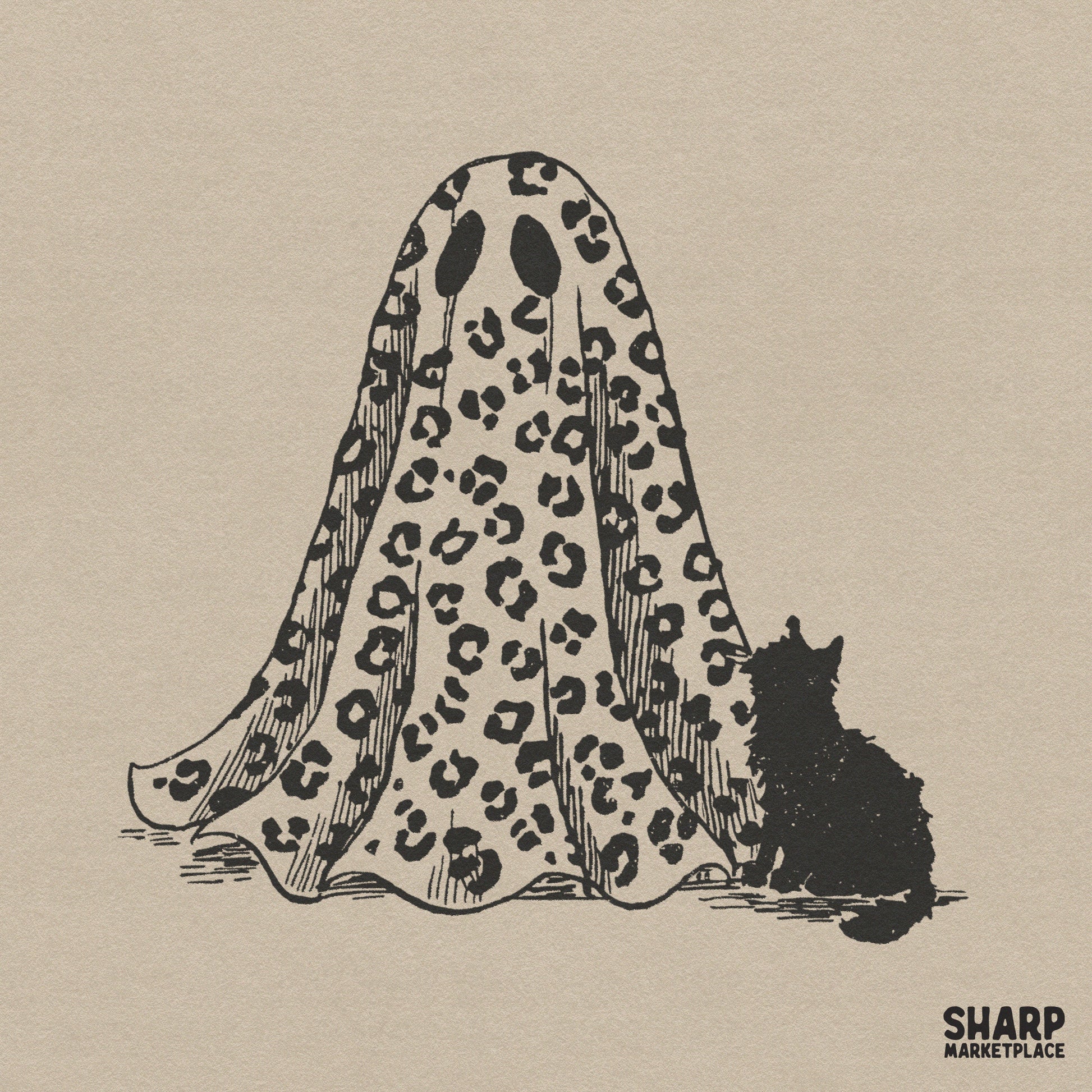 Trendy leopard print ghost with a black cat silhouette for retro coquette halloween sublimation and spooky fall apparel