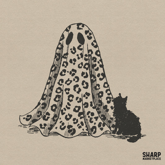 Trendy leopard print ghost with a black cat silhouette for retro coquette halloween sublimation and spooky fall apparel