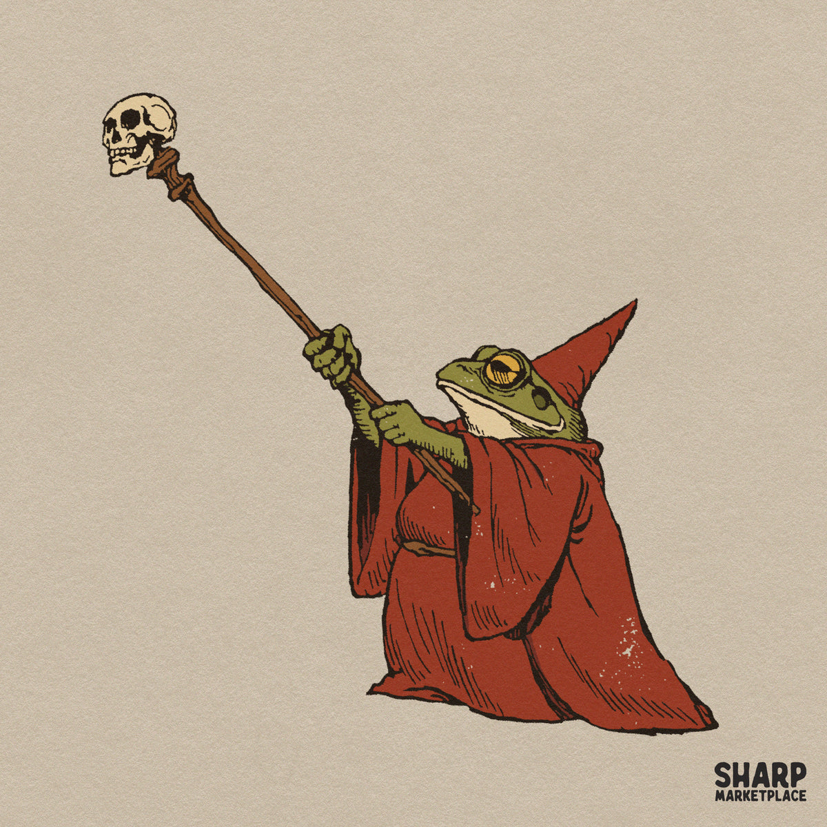 Frog wizard in a red robe holding a skull staff, spooky halloween png sublimation shirt design for fantasy lovers