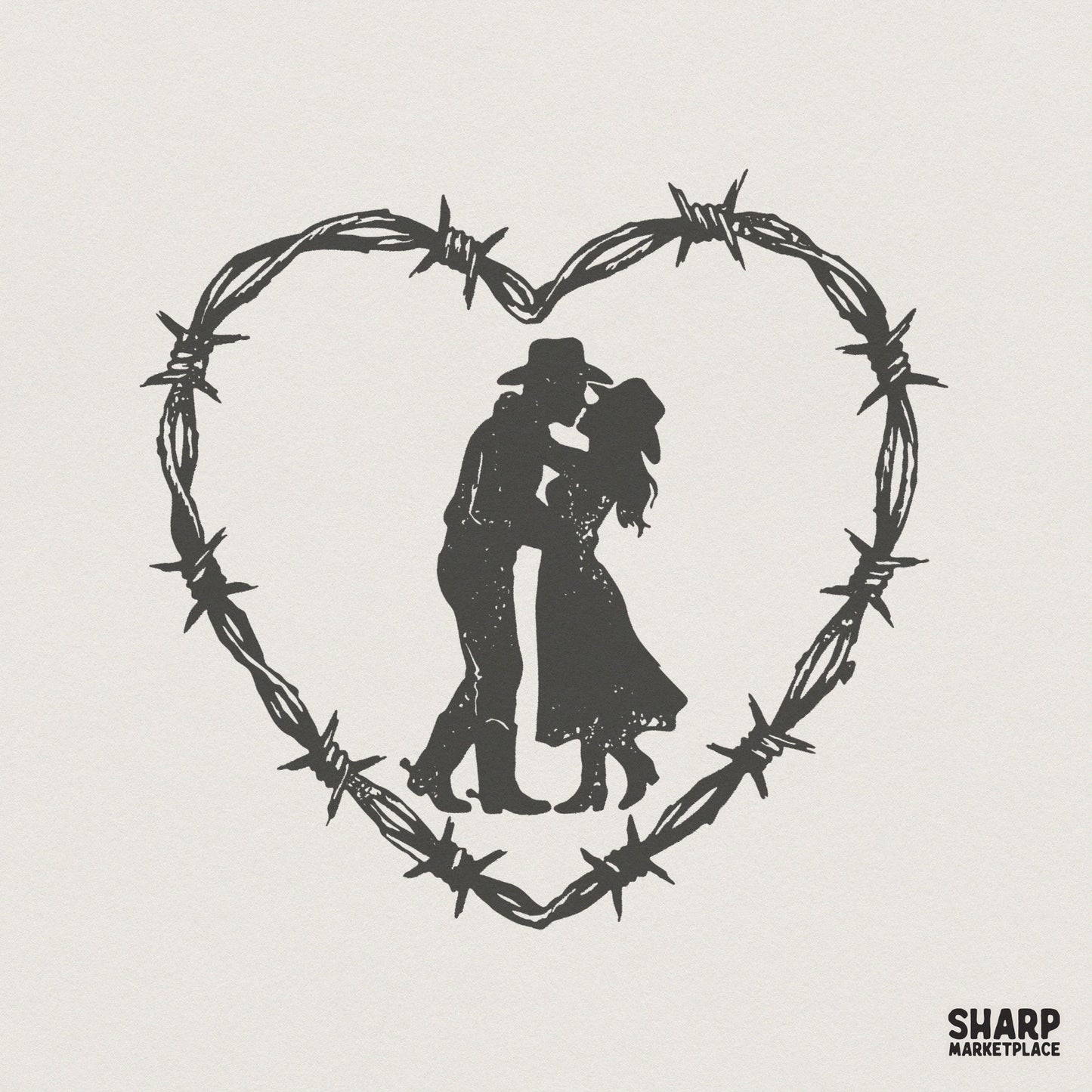 Cowboy Couple Barbed Wire Heart PNG, Western Romance Print - 300 DPI