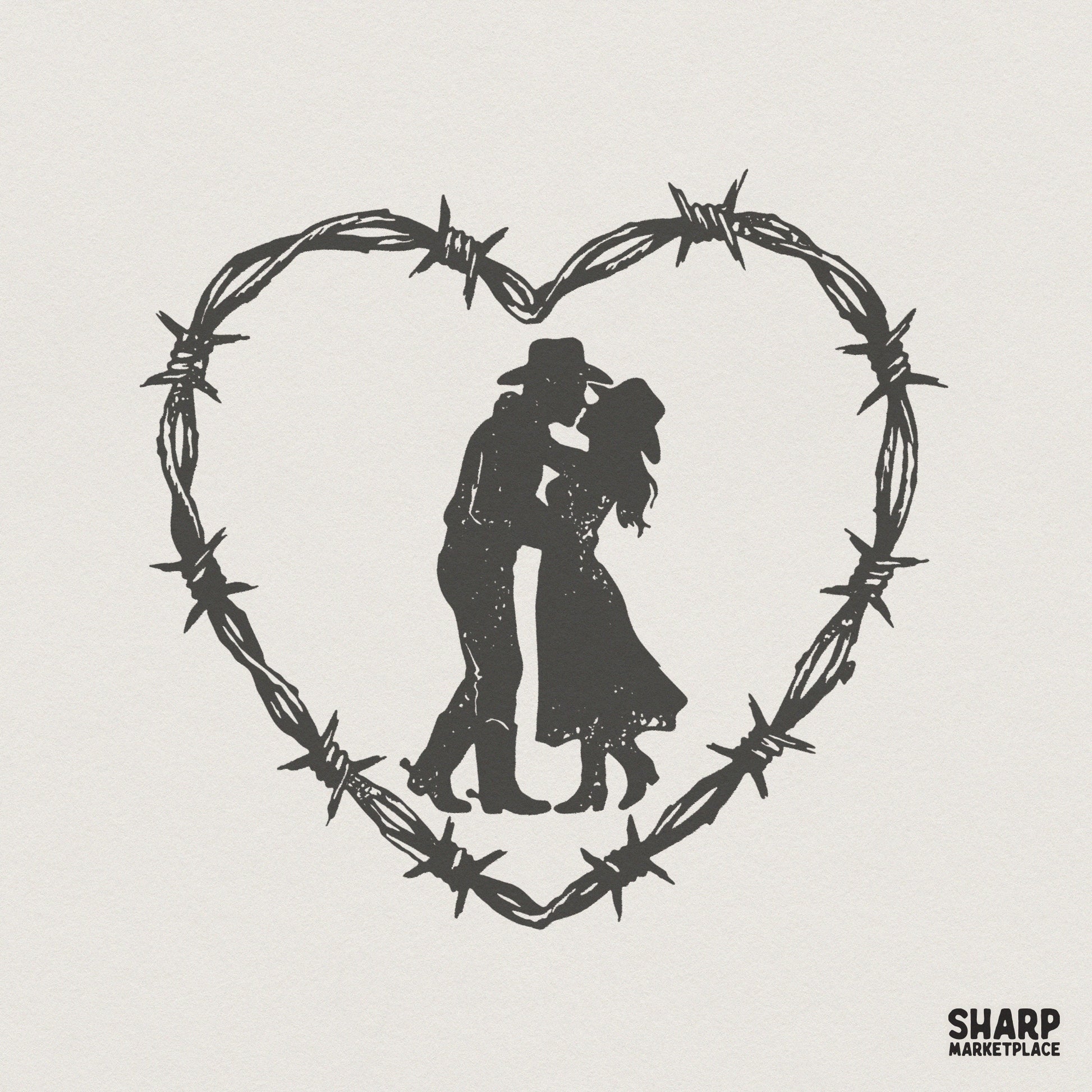 Cowboy Couple Barbed Wire Heart PNG, Western Romance Print - 300 DPI