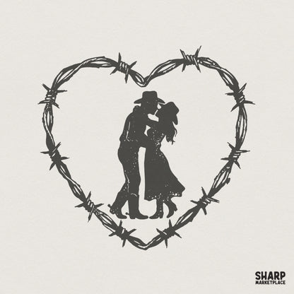 Cowboy Couple Barbed Wire Heart PNG, Western Romance Print - 300 DPI