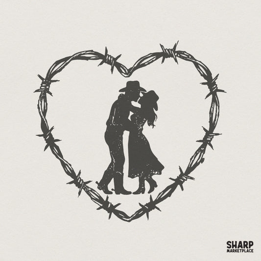 Cowboy Couple Barbed Wire Heart PNG, Western Romance Print - 300 DPI