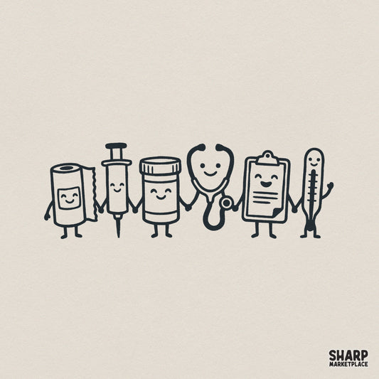 Minimalist black line art of a cute medical team including a bandage roll, syringe, pill bottle, stethoscope, clipboard, and thermometer holding hands.