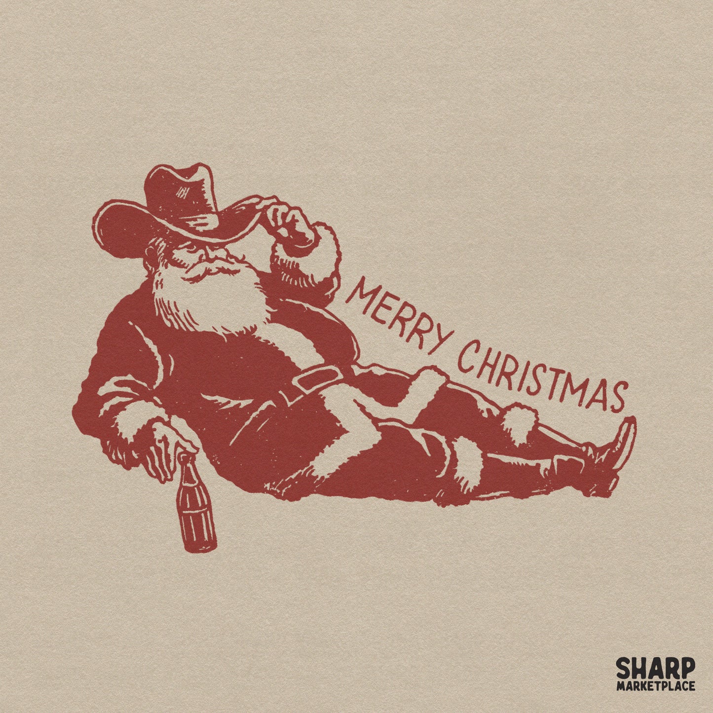 Funny lounging cowboy Santa Claus with a beer bottle in a vintage retro western style holiday sublimation design