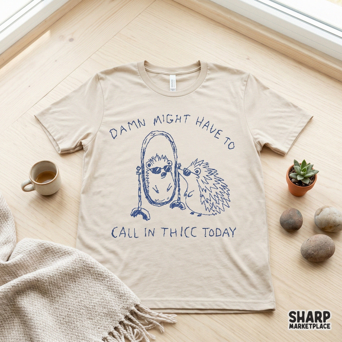 Digital sublimation design featuring a sarcastic hedgehog in sunglasses admiring itself in a mirror, perfect for funny apparel, stickers, or custom tumblers.