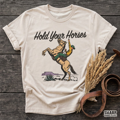 Vintage Hold Your Horses bucking bronco rodeo PNG design for western country shirt sublimation