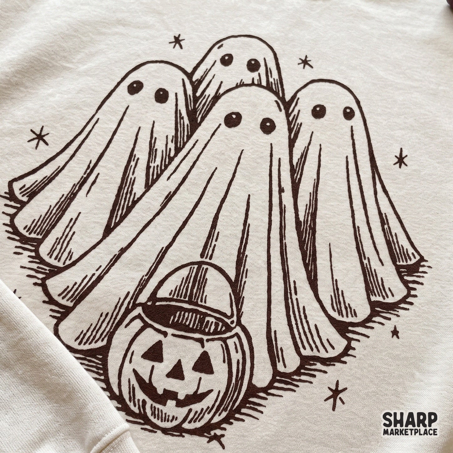 Cute sheet ghosts and jack o lantern drawing for retro spooky season sublimation and autumn apparel designs