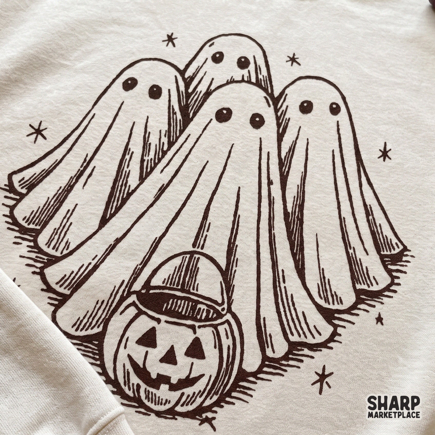 Cute sheet ghosts and jack o lantern drawing for retro spooky season sublimation and autumn apparel designs