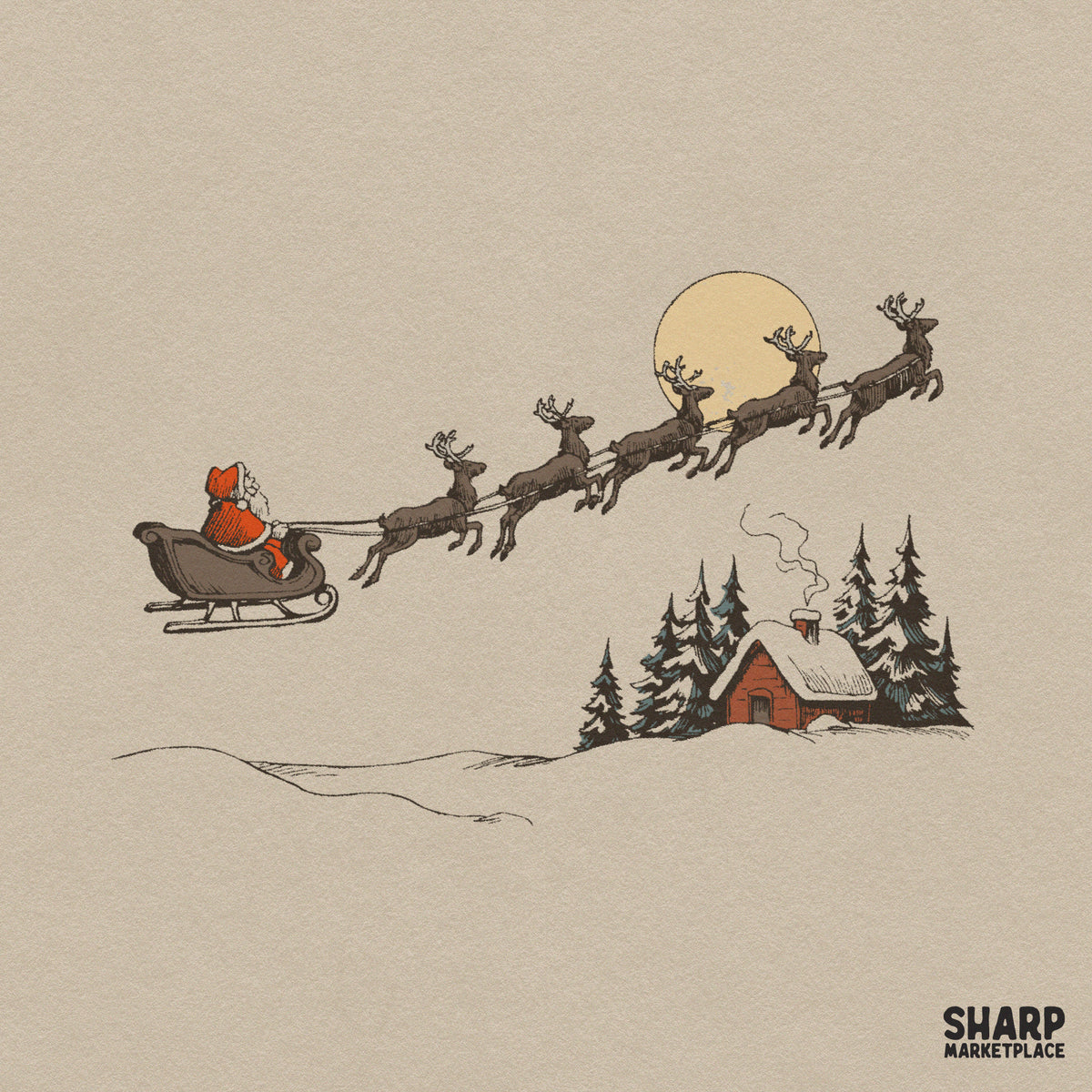 Rustic Moonlit Winter Sleigh Ride Line Art Over Cozy Pine