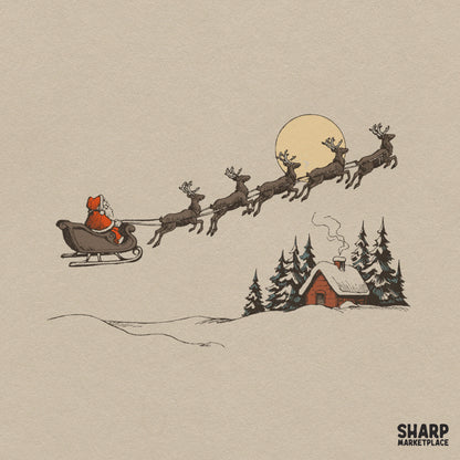 Rustic Moonlit Winter Sleigh Ride Line Art Over Cozy Pine