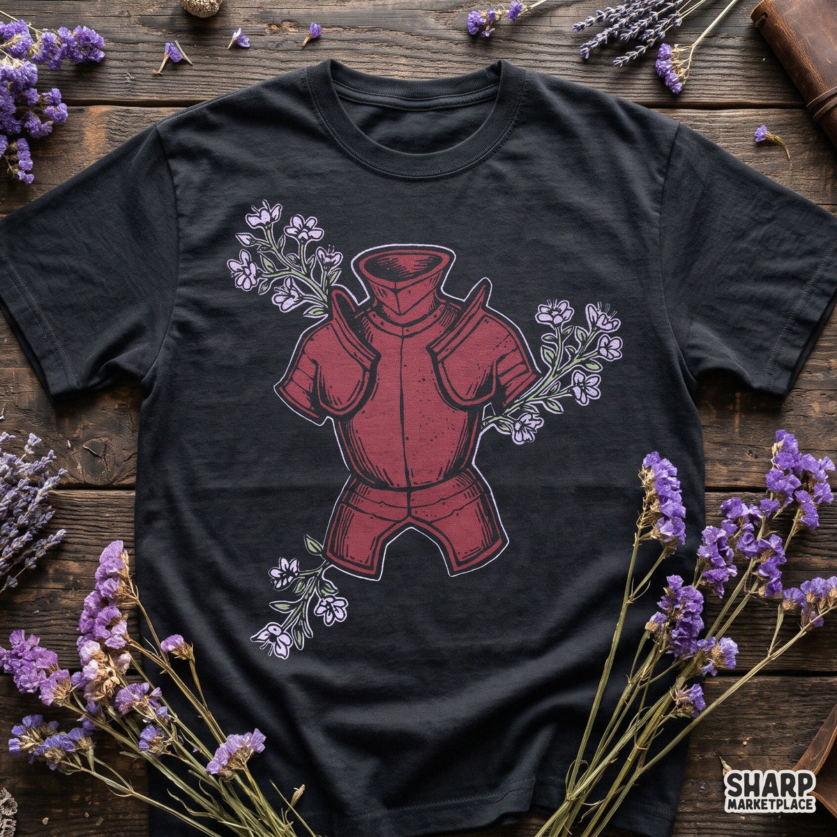Vintage burgundy knight armor with floral branches sublimation PNG graphic for dark academia shirts and apparel