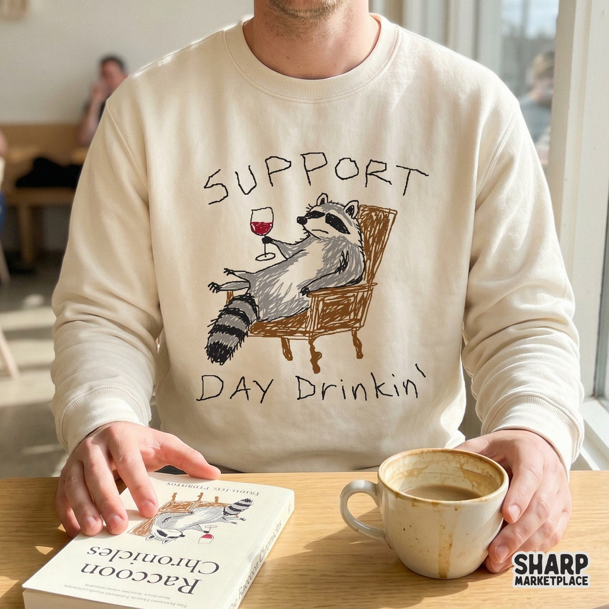 Digital design of a sarcastic raccoon sitting in a wooden armchair holding wine, perfect for sublimation, apparel, and funny animal-themed DIY projects.