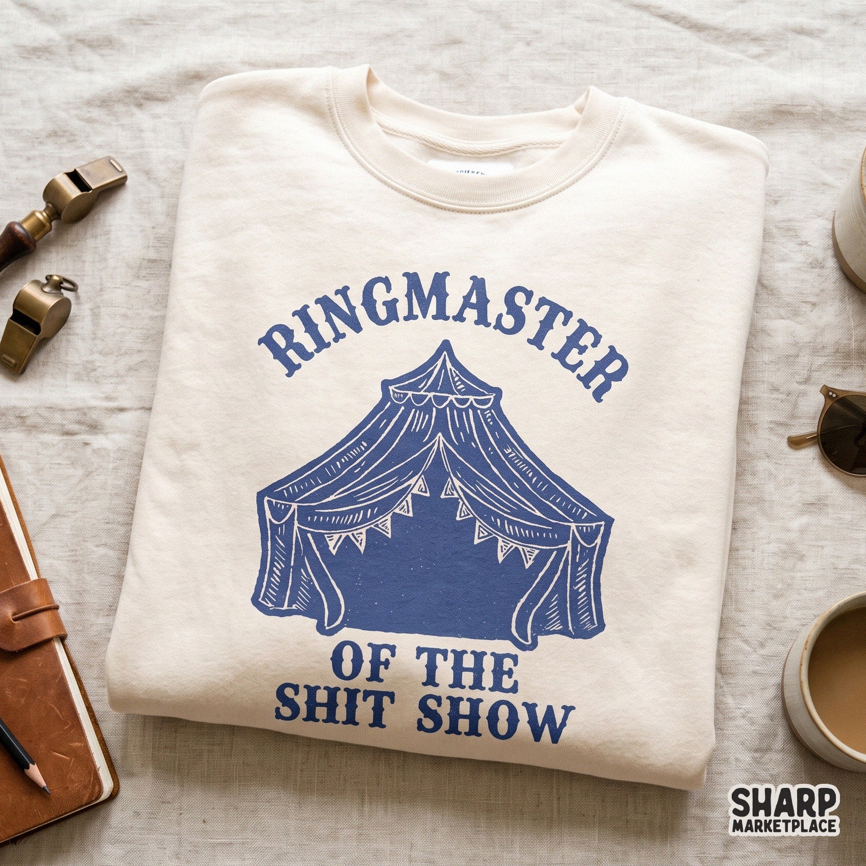 Retro circus tent graphic with Ringmaster of the Shit Show text for sarcastic mom life sublimation and t-shirt designs