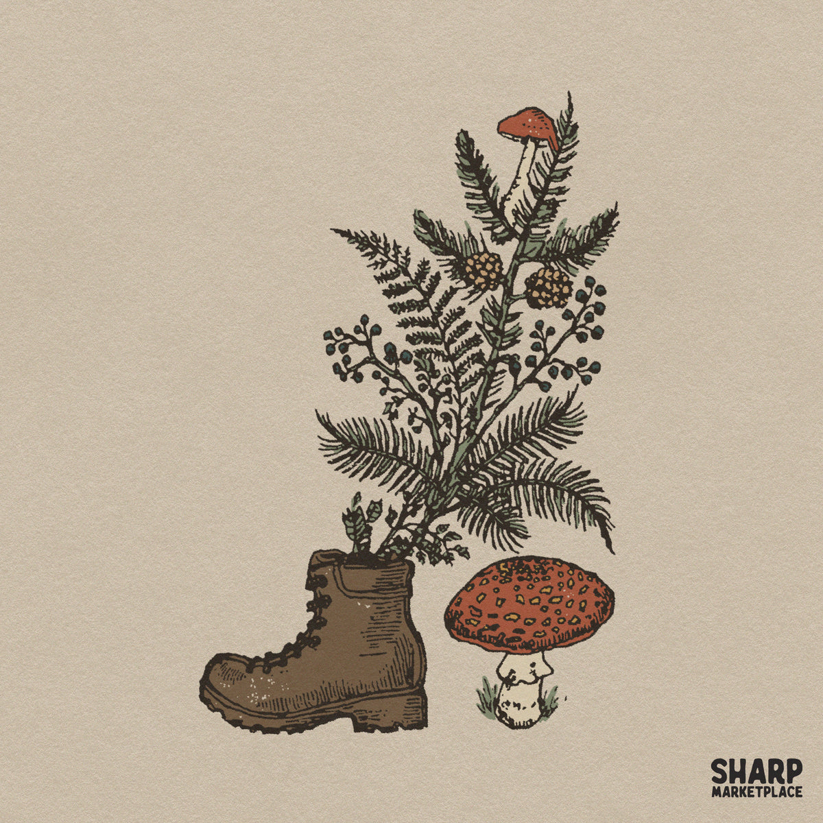 Vintage hiking boot design featuring growing ferns and red mushrooms for earthy fall shirt sublimation PNG designs