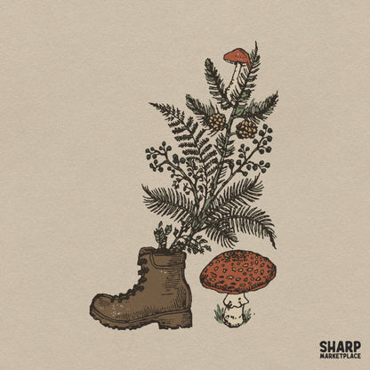 Vintage hiking boot design featuring growing ferns and red mushrooms for earthy fall shirt sublimation PNG designs