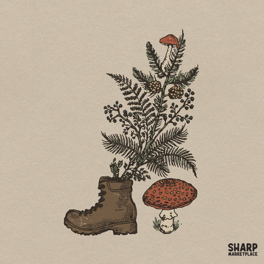 Vintage hiking boot design featuring growing ferns and red mushrooms for earthy fall shirt sublimation PNG designs
