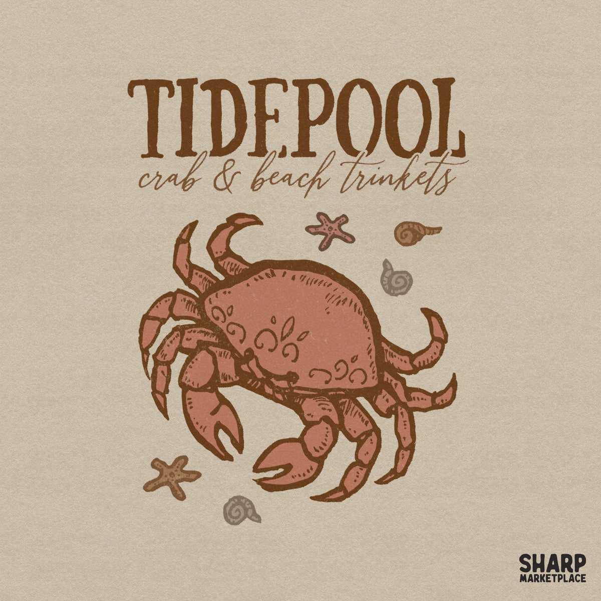Vintage coastal design featuring a detailed crab illustration with starfish and seashells, topped with Tidepool crab and beach trinkets typography.