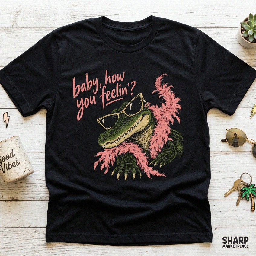 Sassy alligator wearing a pink boa and sunglasses graphic tee design for sublimation digital PNG