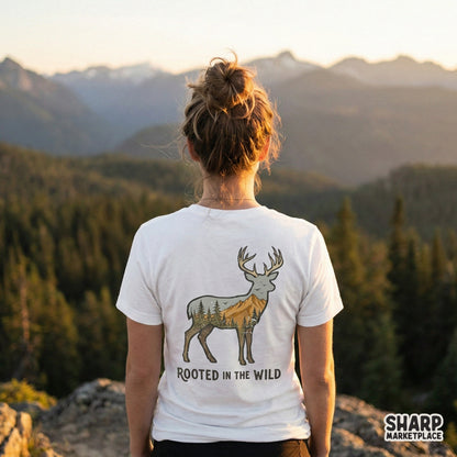 Rustic nature-inspired deer graphic with mountain and pine tree scenery and hand-lettered text suitable for sublimation, stickers, or DIY adventure gear.