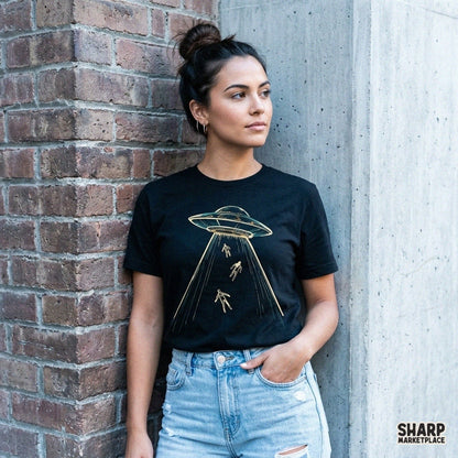 Vintage sci fi UFO alien abduction design beaming up humans, retro spooky season PNG graphic for Halloween shirt printing