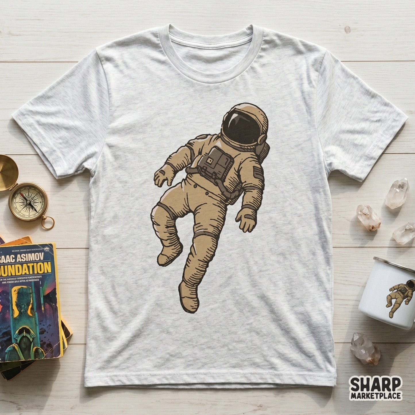 Vintage floating astronaut spacesuit illustration in a retro Y2K sci-fi art style for t-shirt sublimation templates