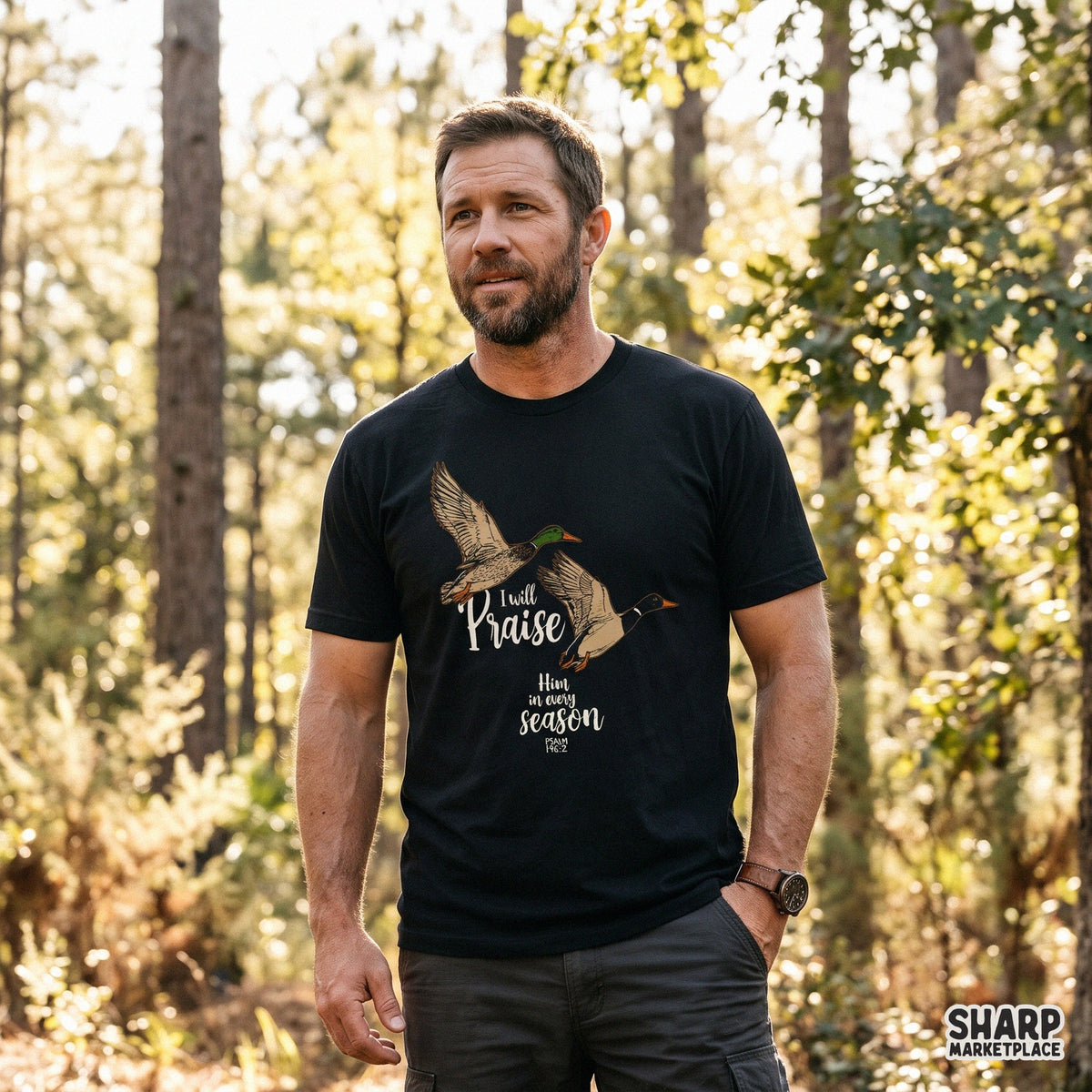 Mallard duck Christian PNG design with Psalm 146:2 scripture for faith-based shirt sublimation and DTF heat transfers