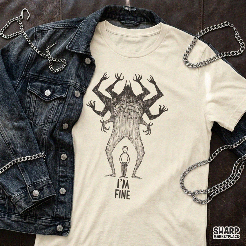 I'm Fine Anxiety Monster Shadow Sketch, Trendy PNG Shirt
