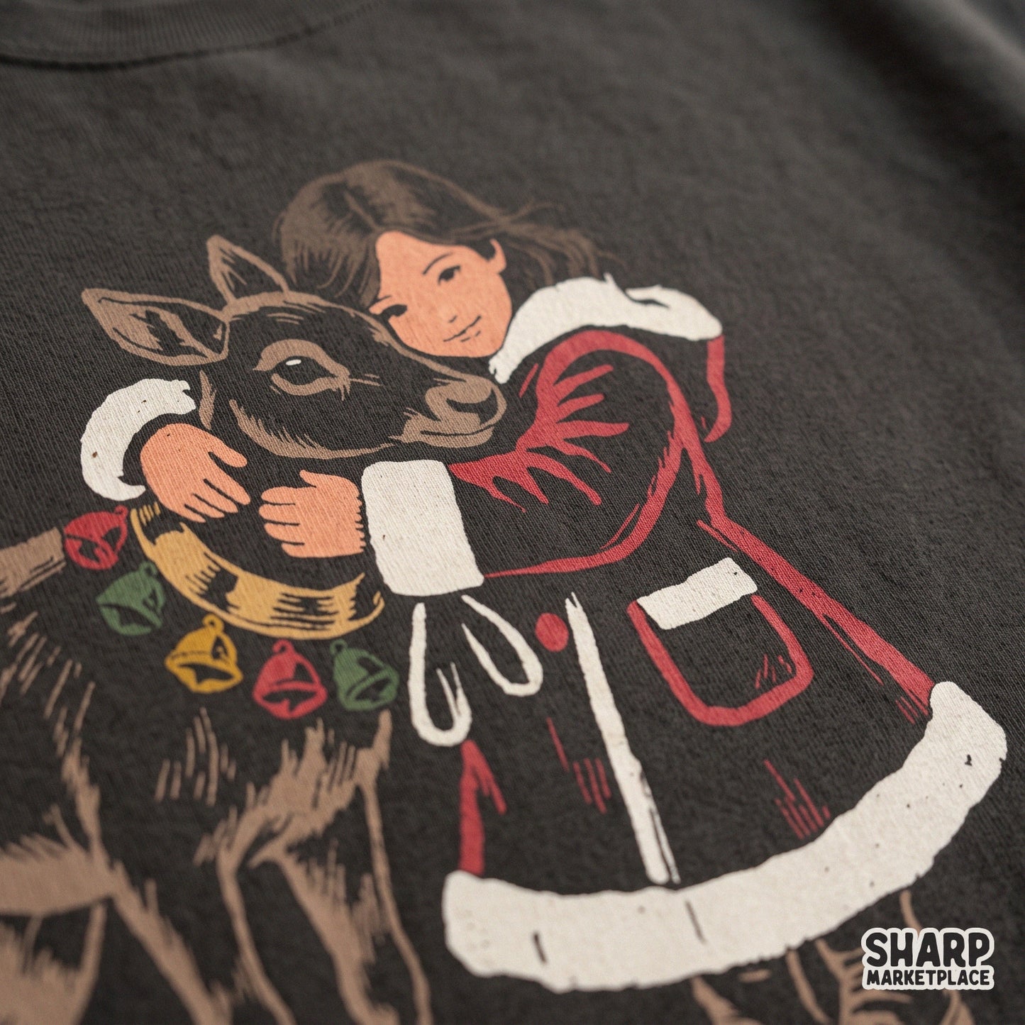 Vintage retro christmas png with a girl hugging a reindeer for winter holiday t-shirt designs
